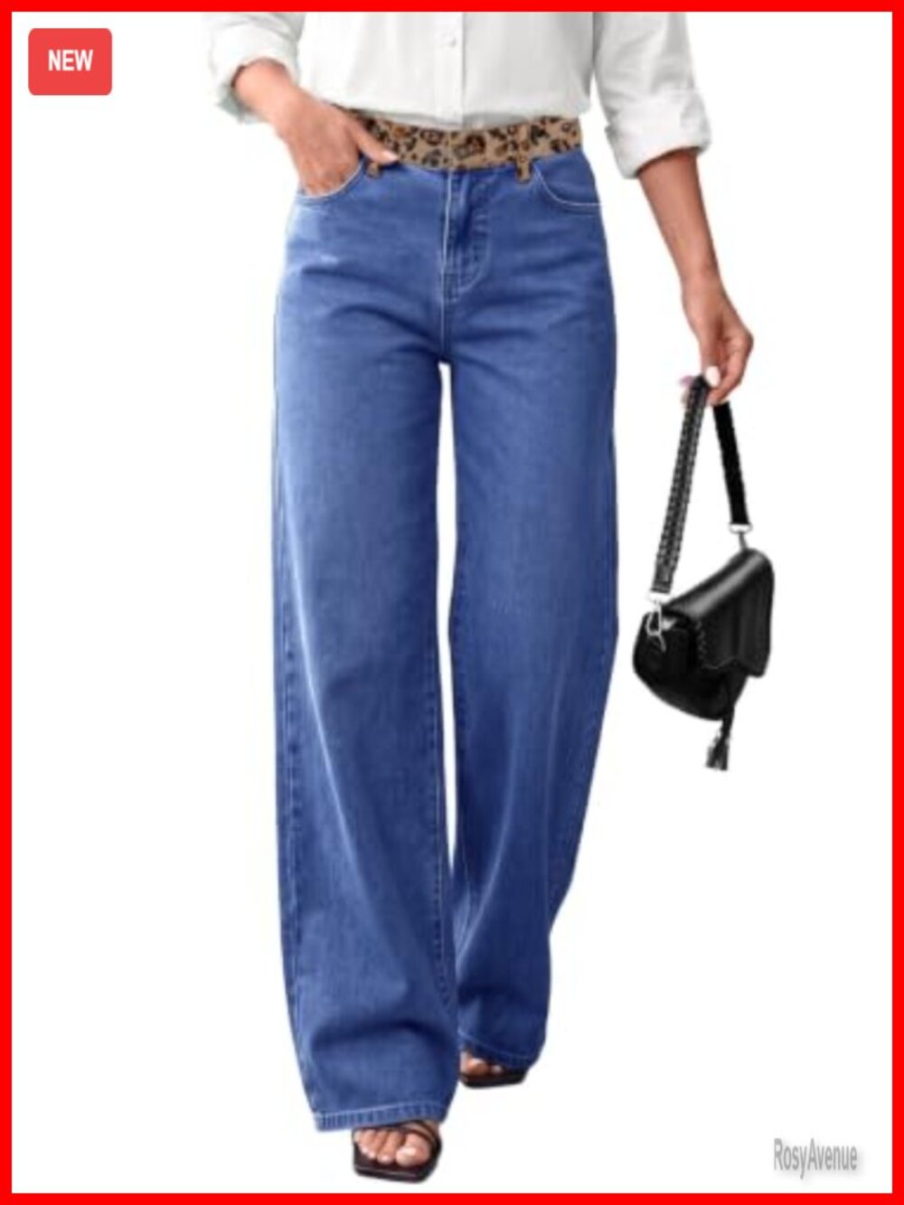 Mid Low Rise Wide Leg Jeans Leopard Waistband Denim Pants